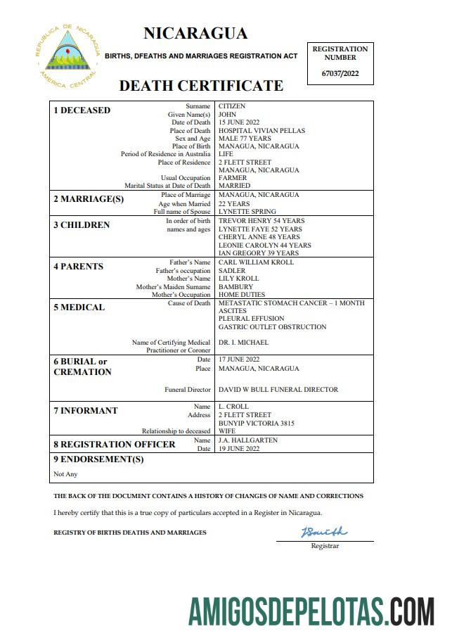 Realista modelo Word e PDF de certidão de óbito de registro vital da Nicarágua